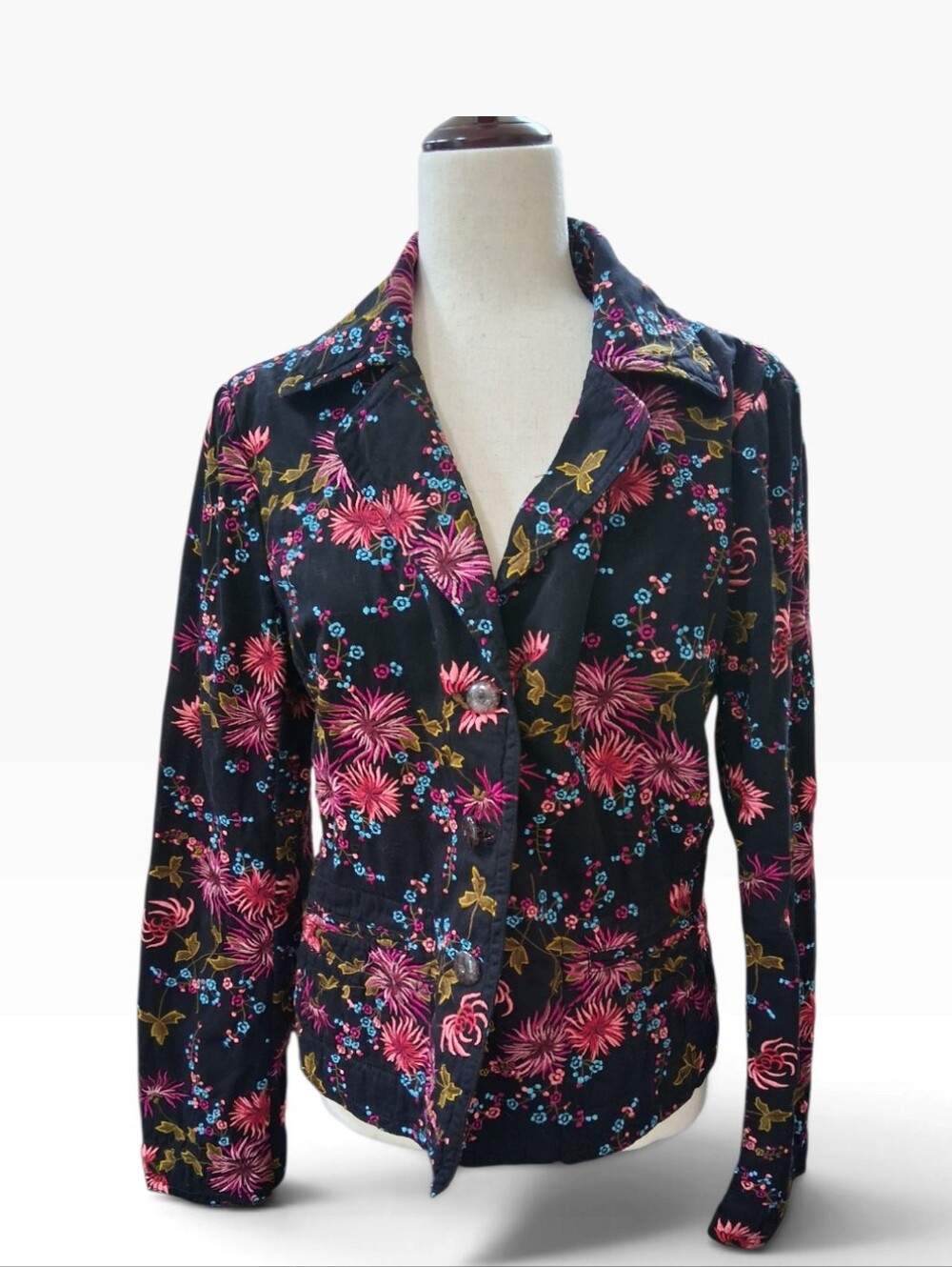 JOHNNY WAS Floral Embroidered Button Down Jacket Blazer Size L Black Pink Boho